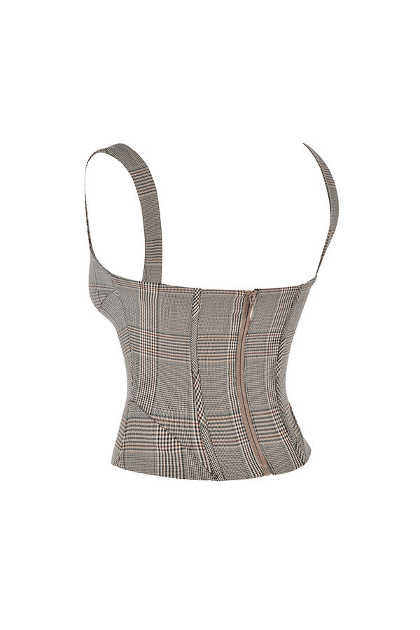 Monokromt rutig korsett med fyrkantig hals och minikjol med utskärning