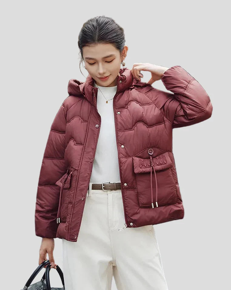 Puffer jacket with hood and drawstring pockets