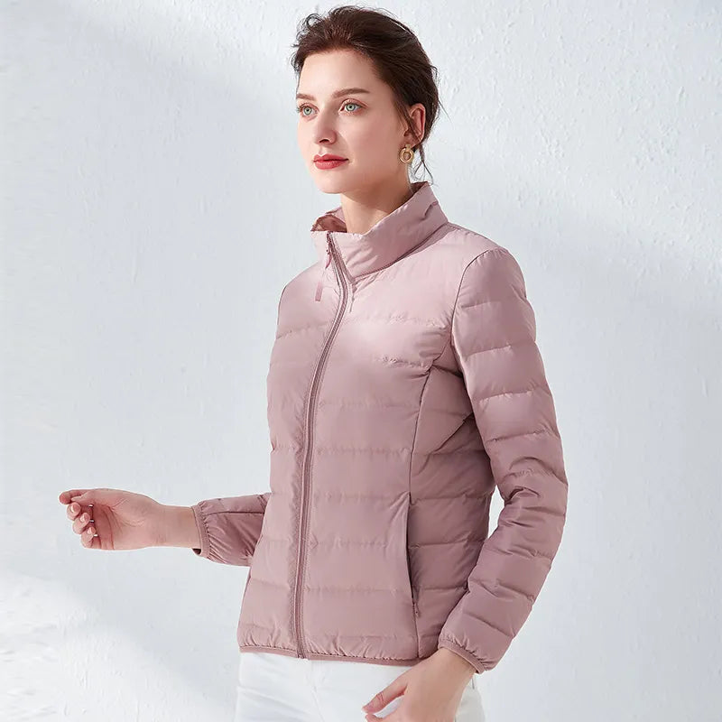 Lightweight puffer jacket with high collar and slim fit