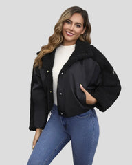 Puffer jacket with high collar and textured sleeves - drawstring at hem