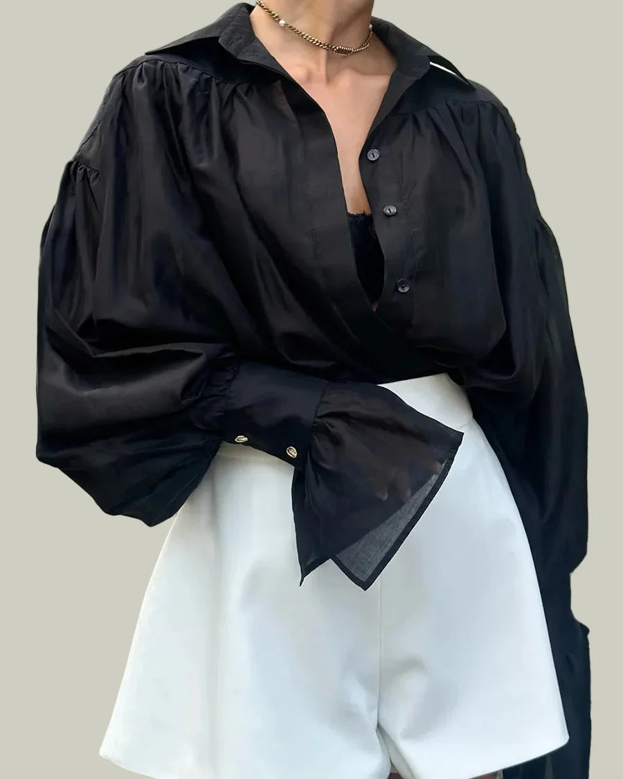 Satin blouse with button closure and balloon sleeves