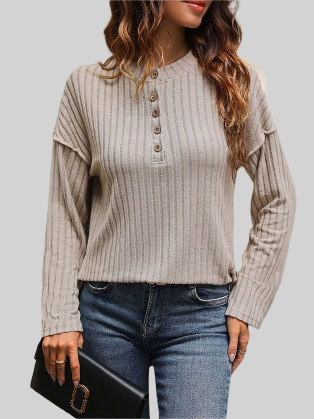 Tanfärgad randig långärmad T-shirt