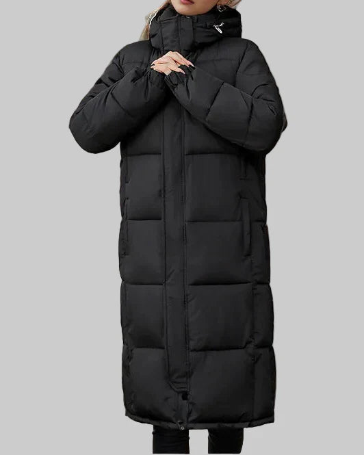Long puffer coat with hood and high collar