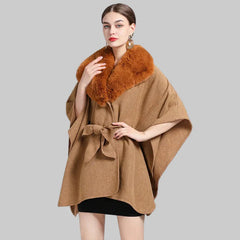 Cape with tie belt and fluffy shawl collar