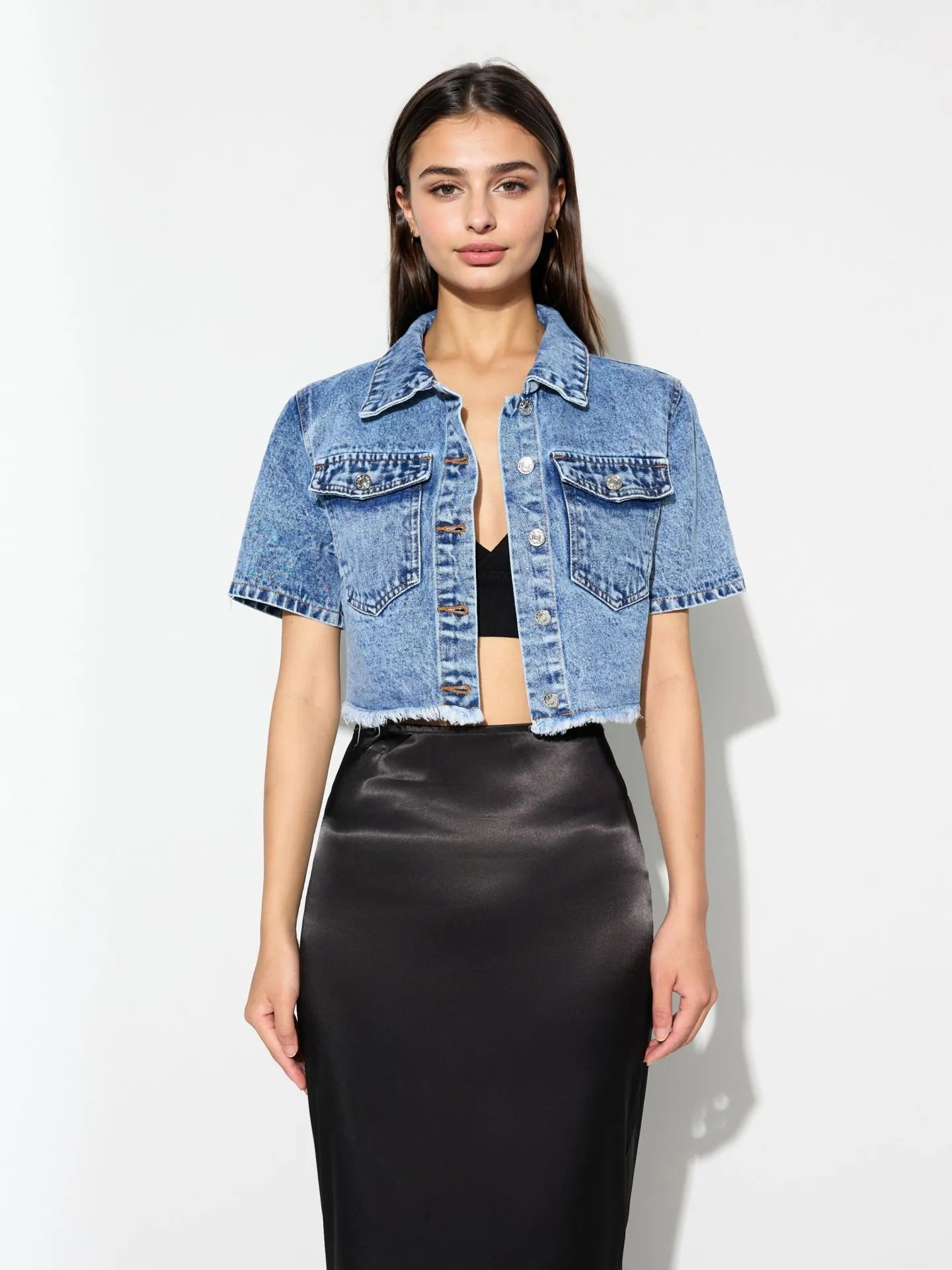 Light blue cropped denim jacket with short sleeves