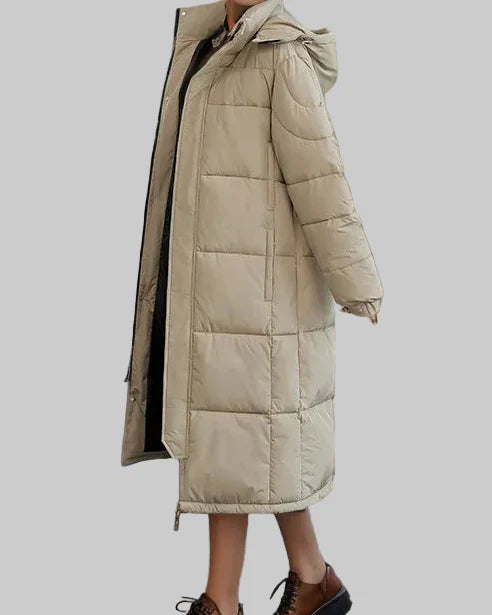 Long puffer coat with hood and high collar