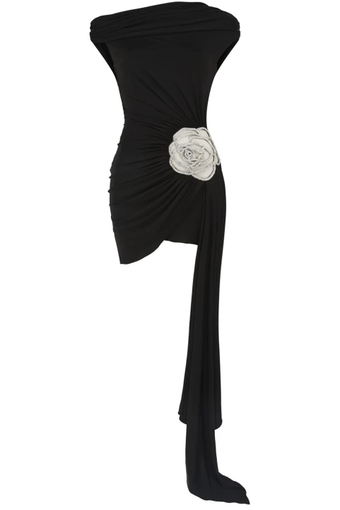 Black asymmetrical mini dress with pink appliqués and straps