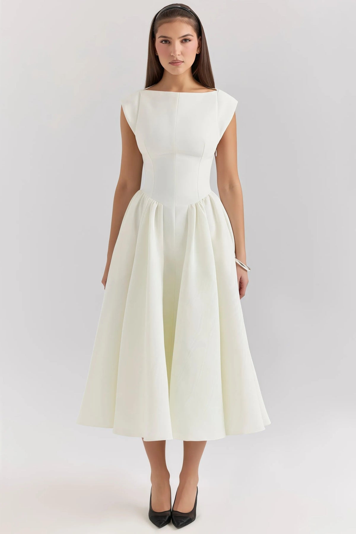 Elegant white midi dress with flared skirt