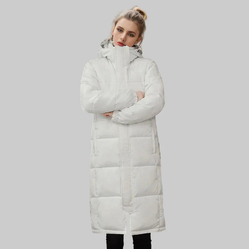 Long puffer coat with hood and high collar