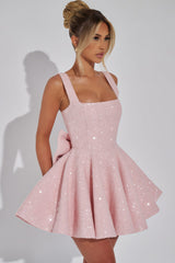 Light pink shimmery square neck mini dress