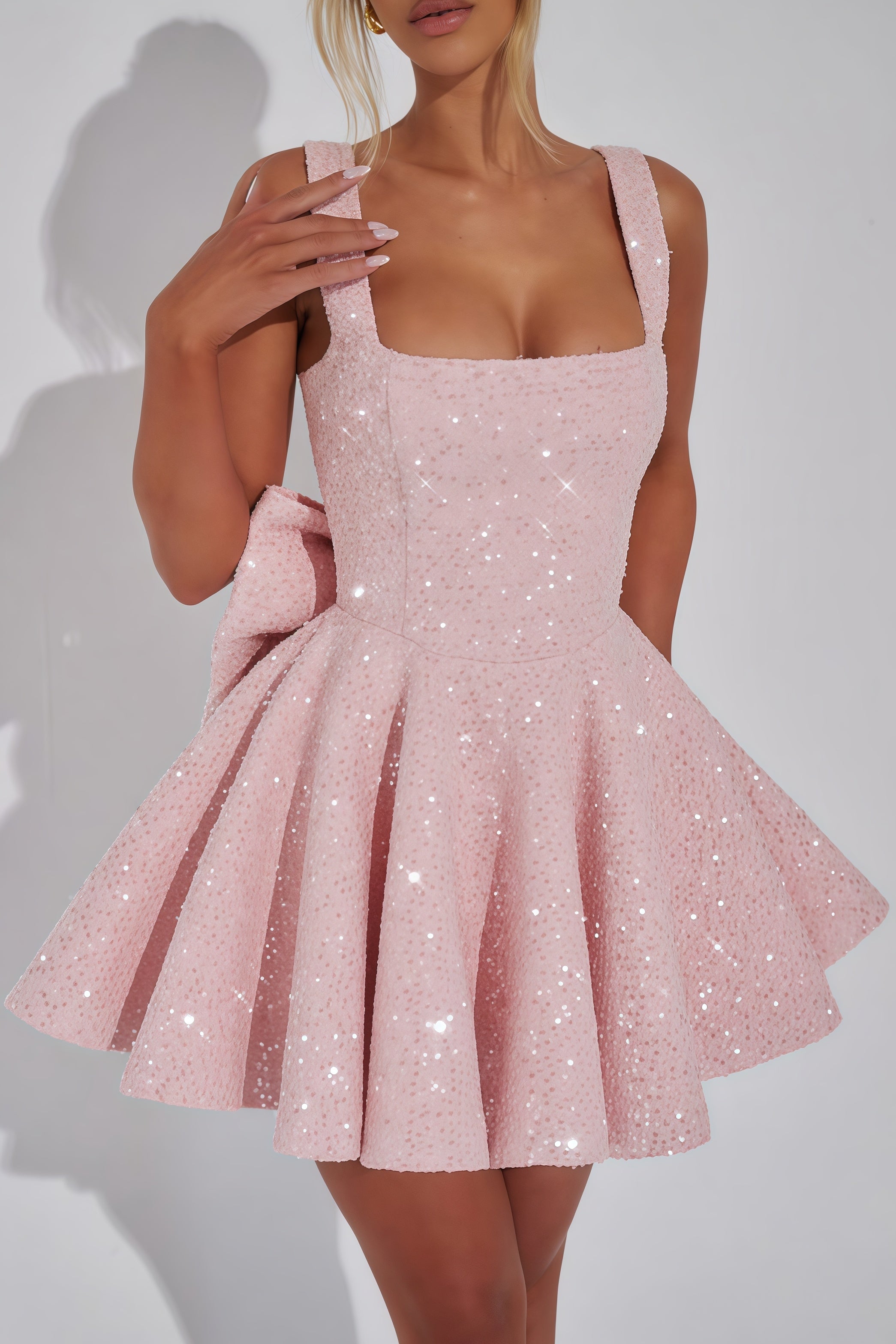 Light pink shimmery square neck mini dress