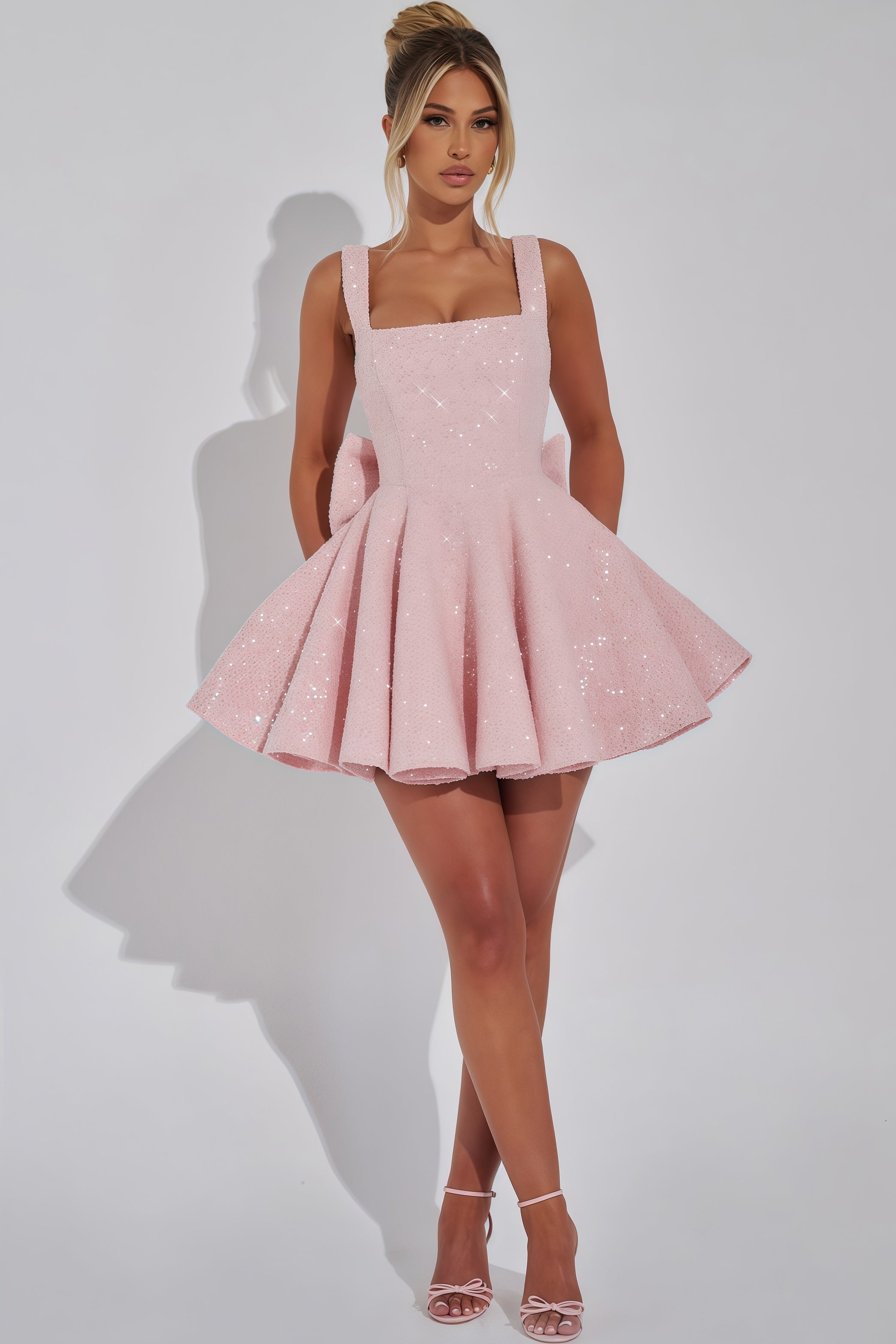 Light pink shimmery square neck mini dress