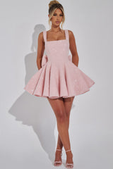Light pink shimmery square neck mini dress