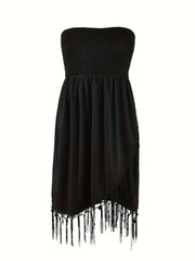 Black strapless dress with fringes