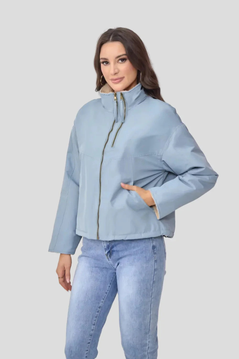 Short puffer jacket with high collar and soft lining