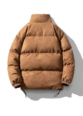 Short puffer jacket with stand-up collar and drawstring at the hem