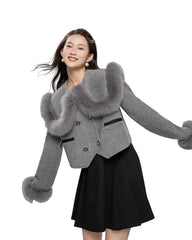 Short double-breasted jacket with fluffy trim