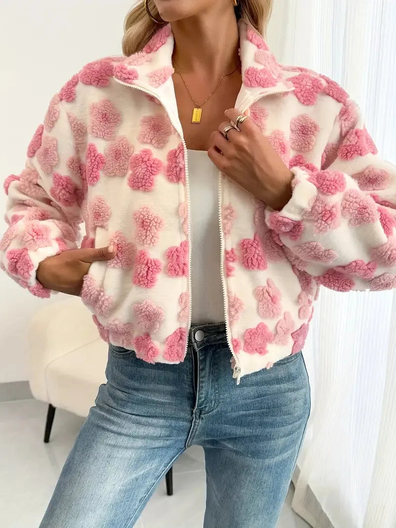 Floral short teddy jacket with zipper