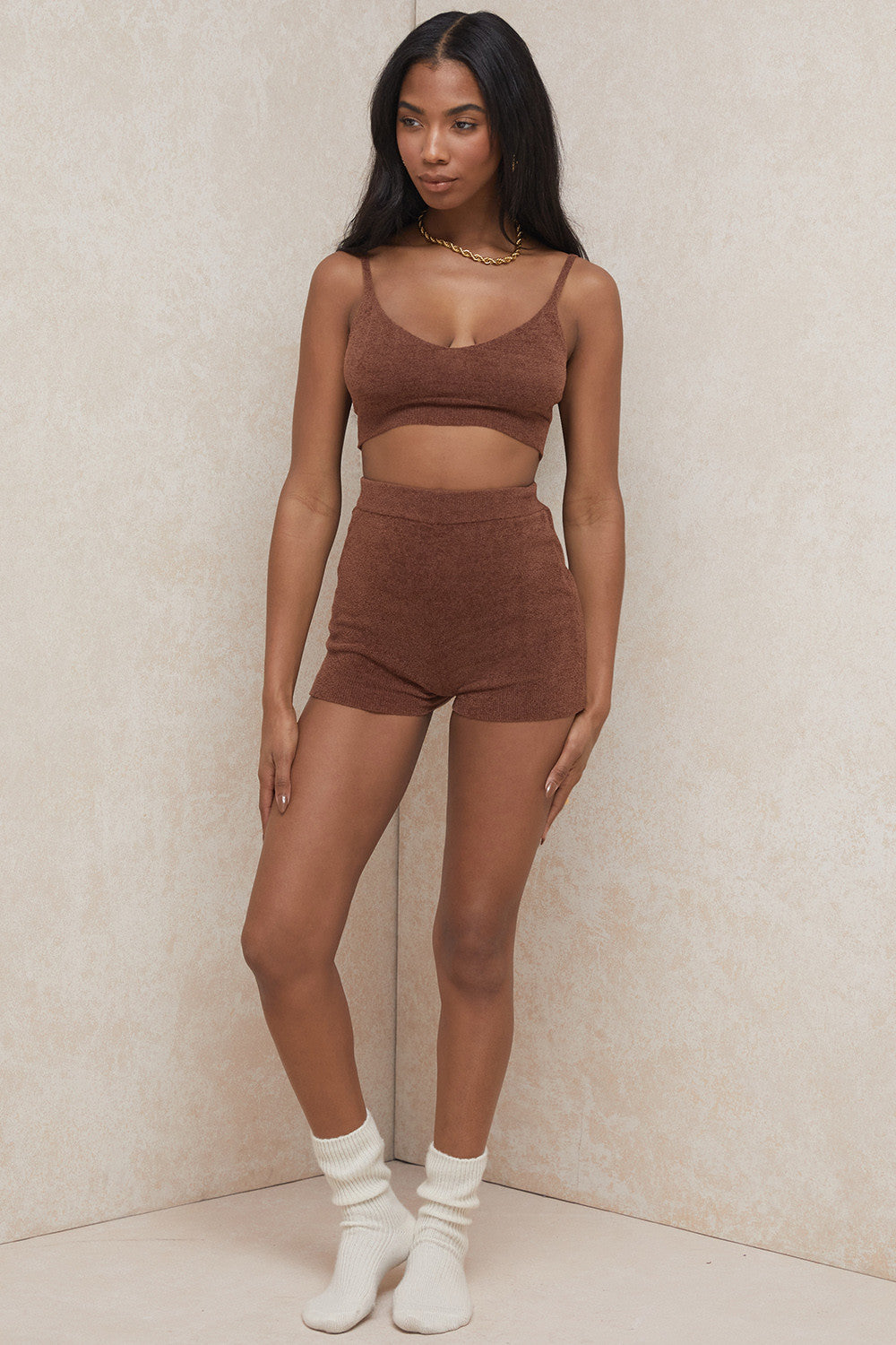 Brown knit top and shorts set