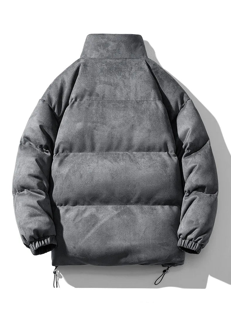 Short puffer jacket with stand-up collar and drawstring at the hem