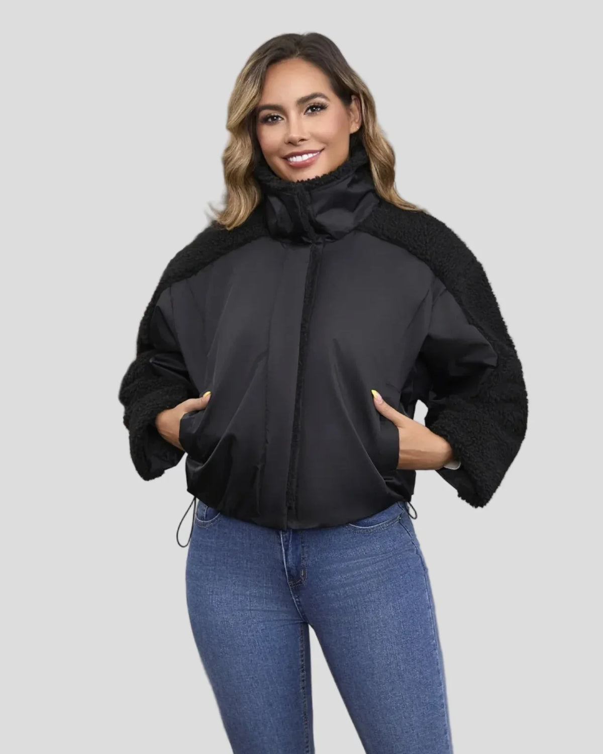 Puffer jacket with high collar and textured sleeves - drawstring at hem