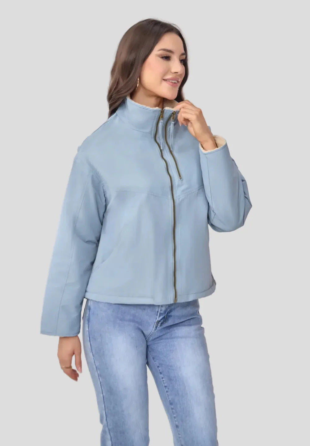 Short puffer jacket with high collar and soft lining