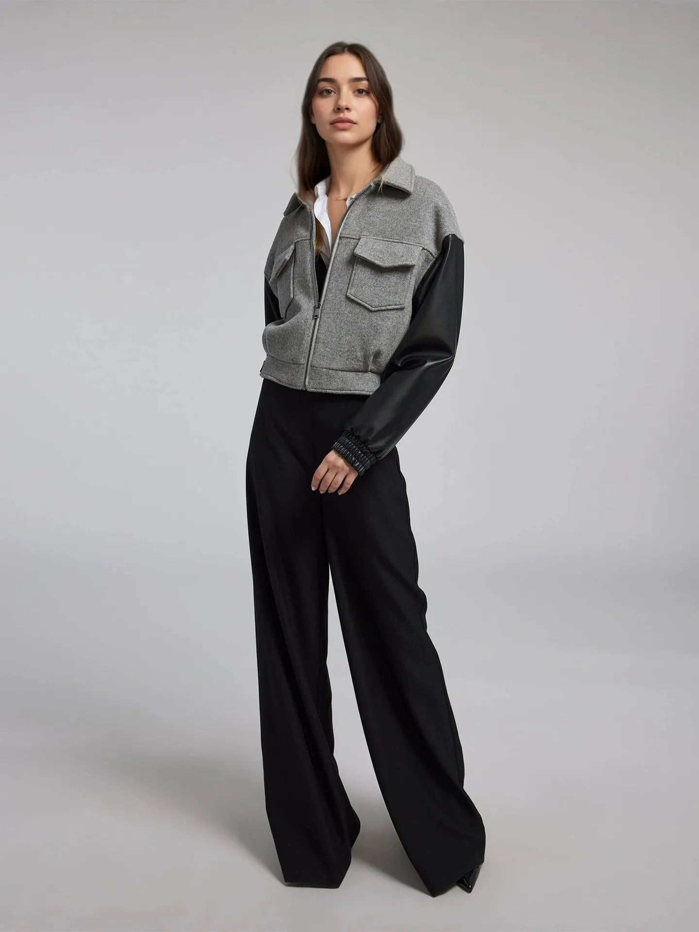 Gray and black short jacket with zipper