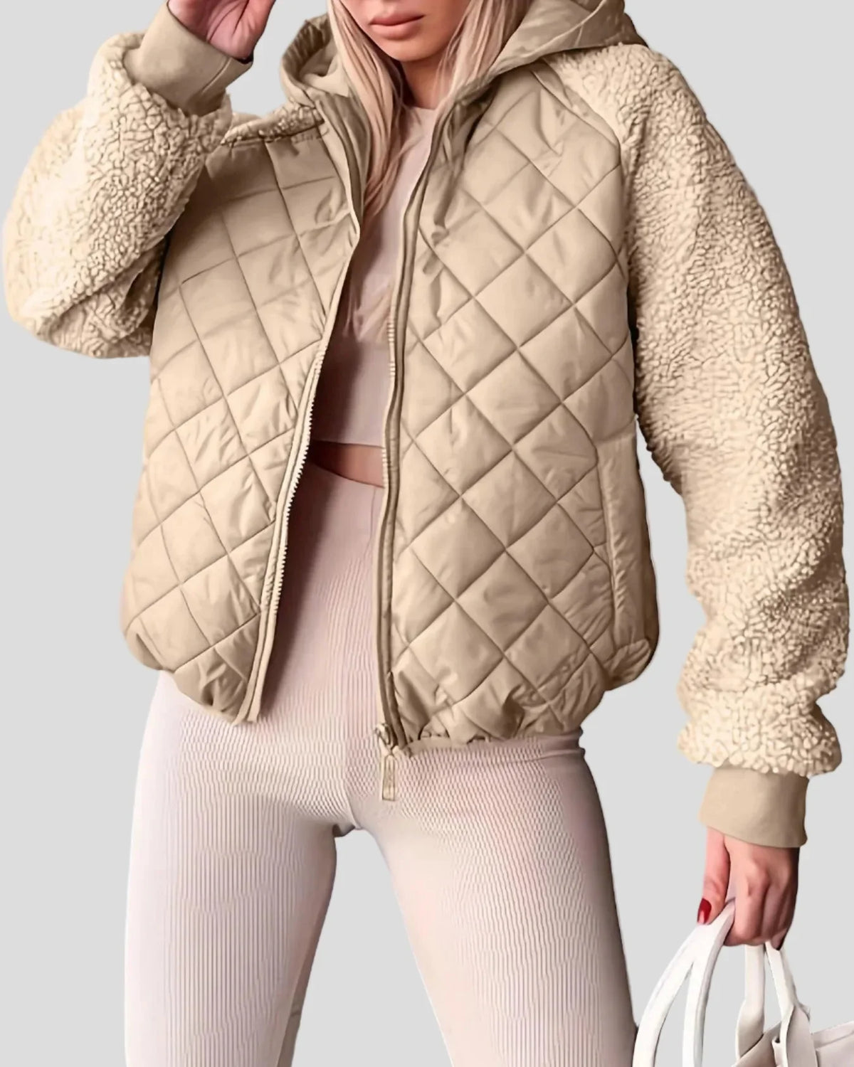 Beige quilted jacket with hood and teddy sleeves