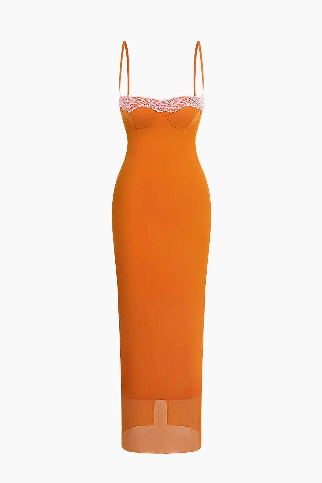 Orange mesh dress with pink lace trim