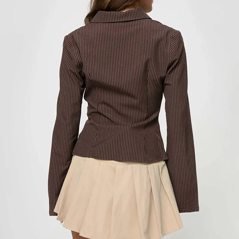 Chocolate brown pinstripe shirt with bell sleeves