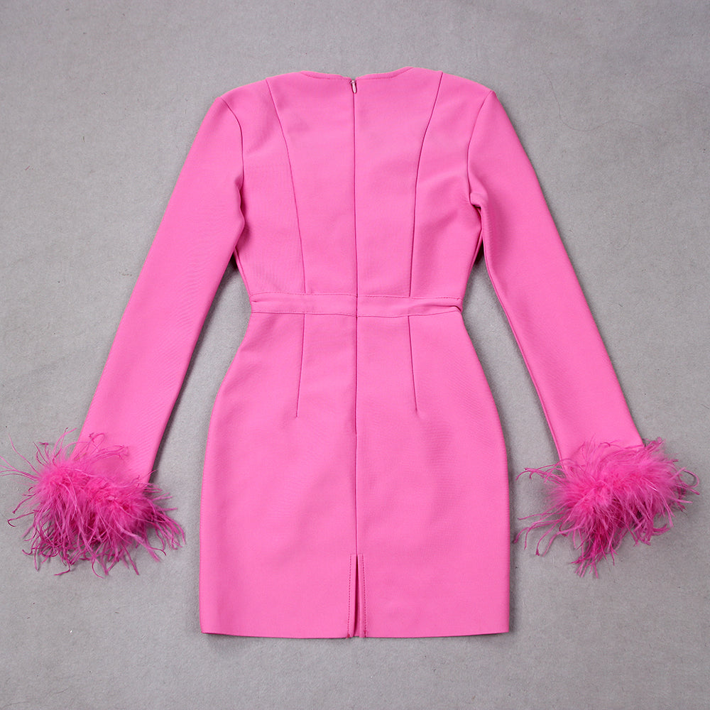 Elegant klänning med lång ärm och fjädrar