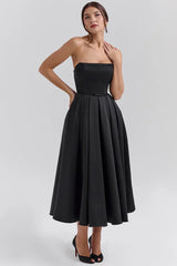 Mirage strapless midi dress with pleated skirt