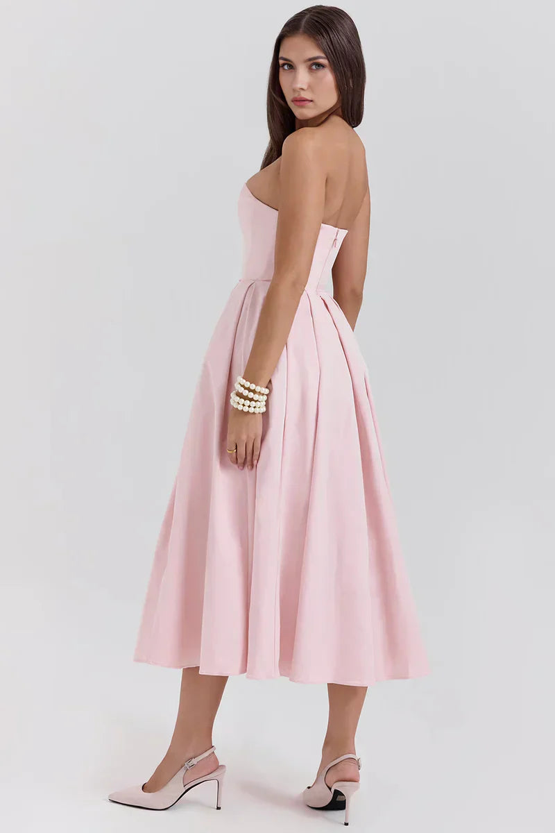 Mirage strapless midi dress with pleated skirt