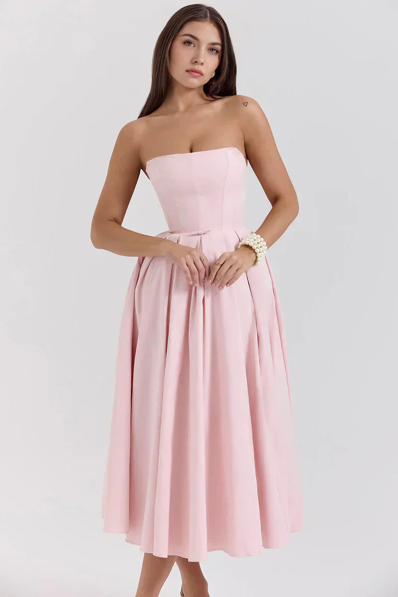 Mirage strapless midi dress with pleated skirt