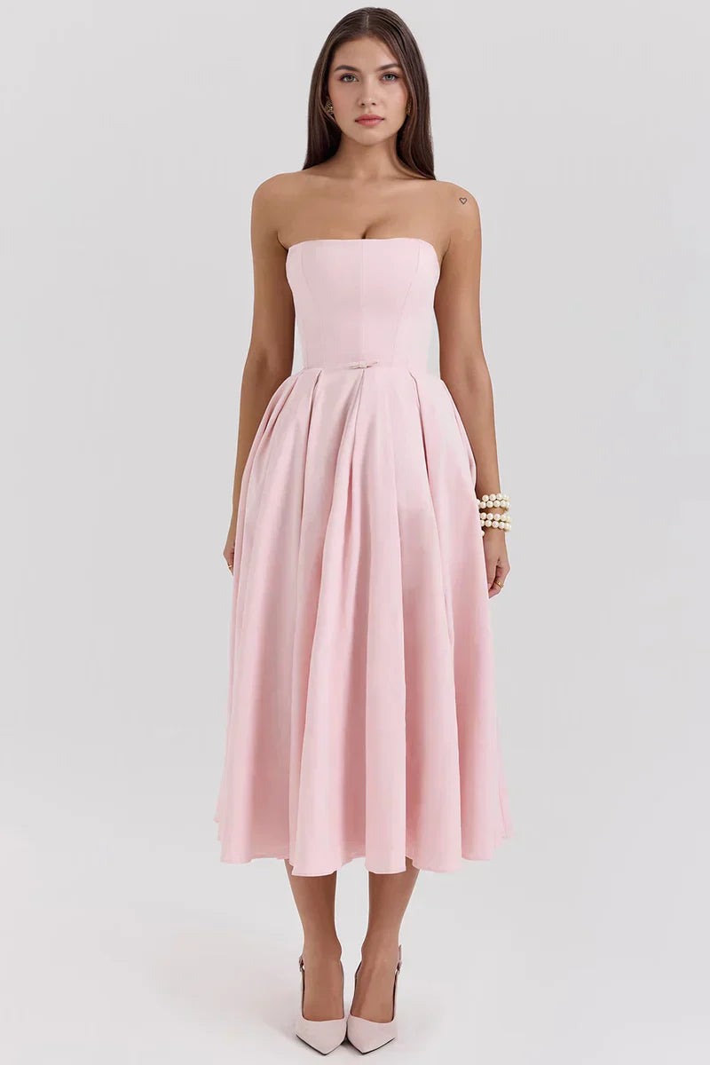 Mirage strapless midi dress with pleated skirt