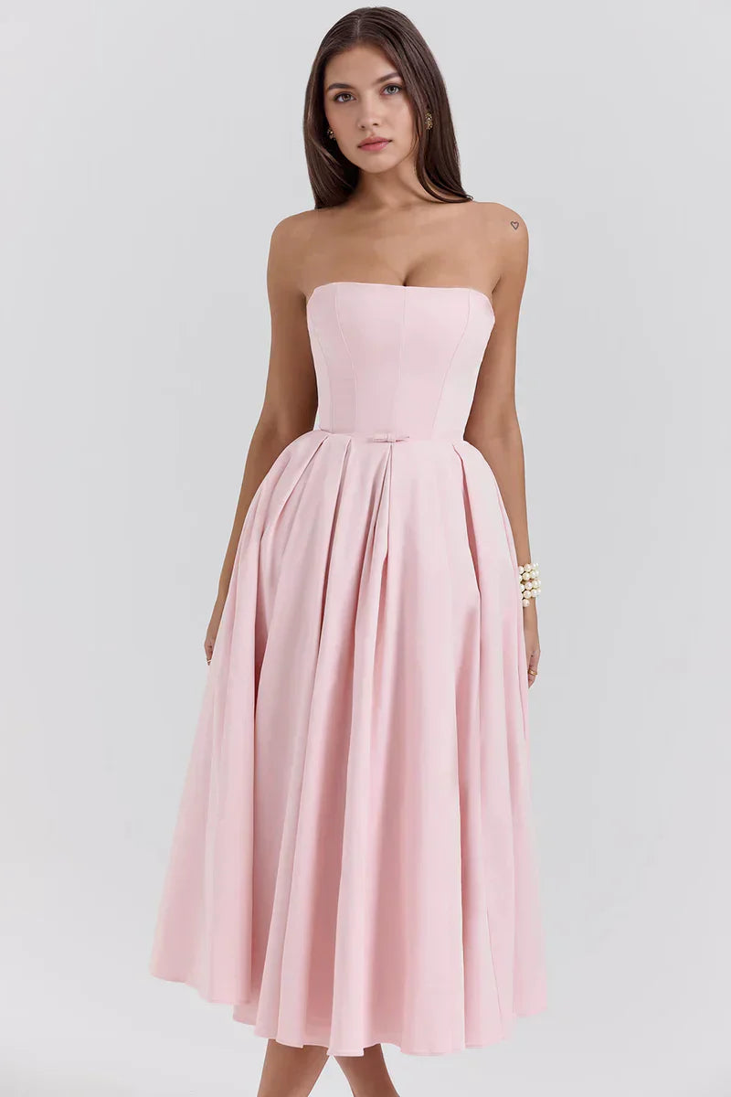Mirage strapless midi dress with pleated skirt