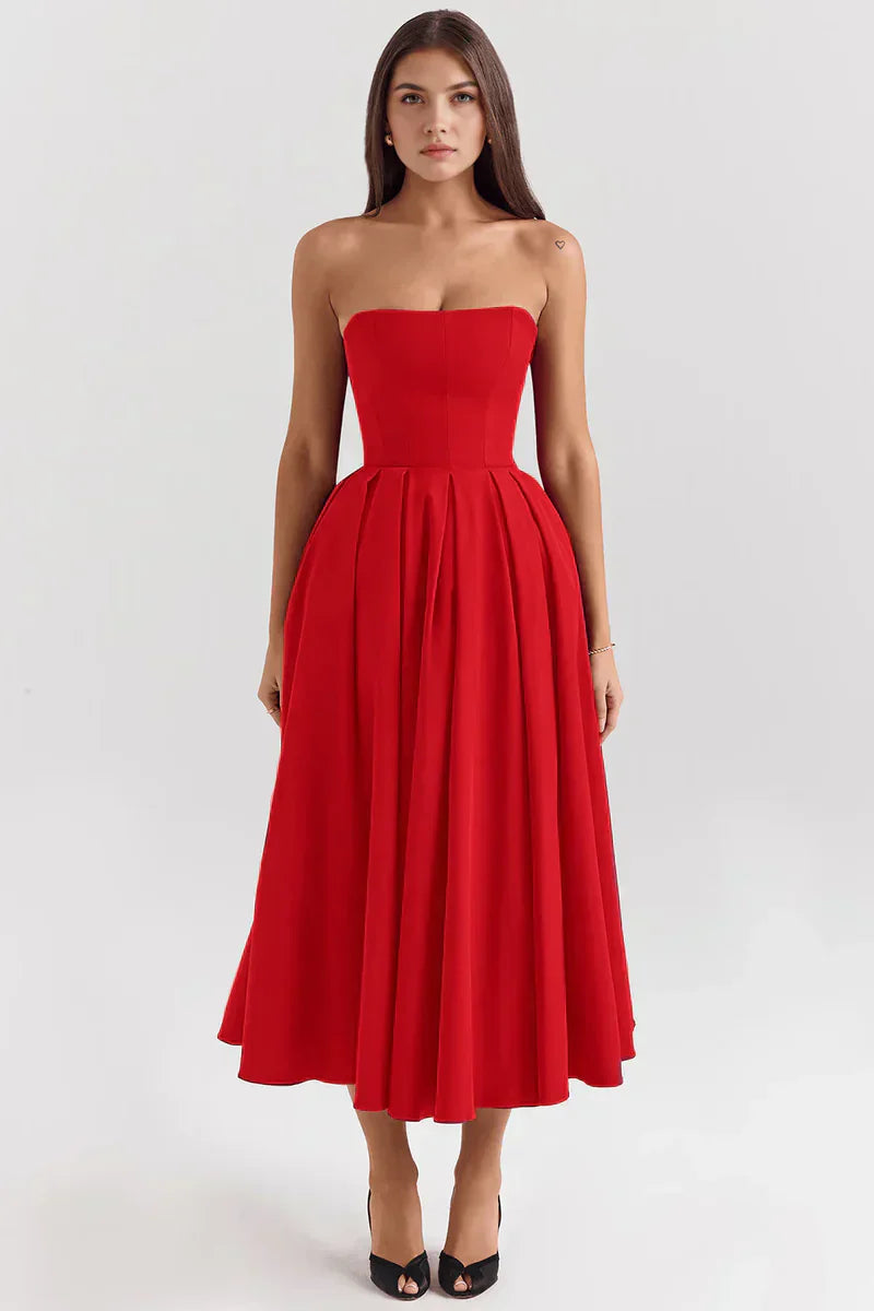 Mirage strapless midi dress with pleated skirt