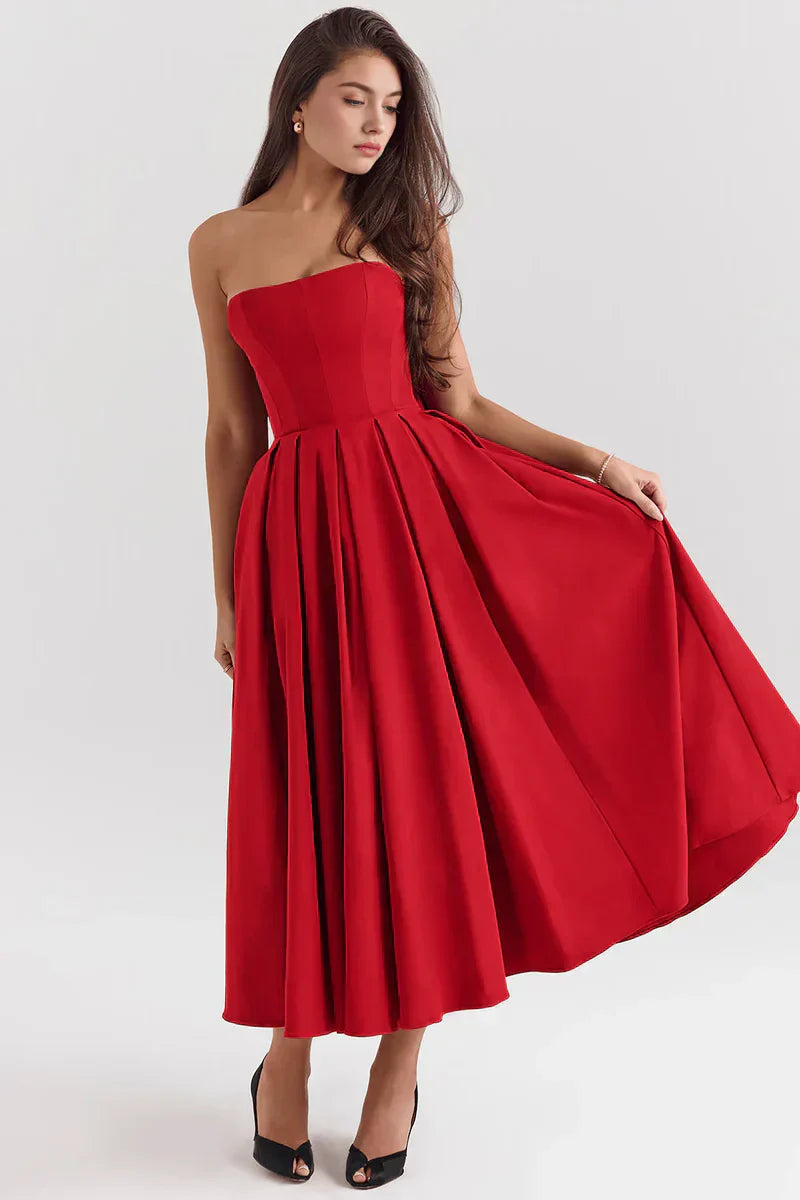 Mirage strapless midi dress with pleated skirt