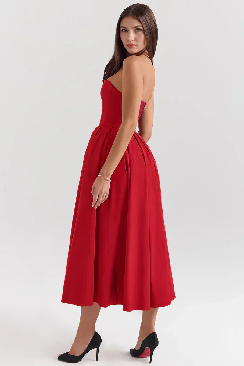 Mirage strapless midi dress with pleated skirt