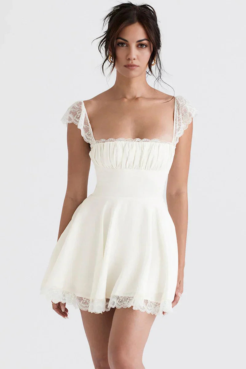White mini dress with lace trim