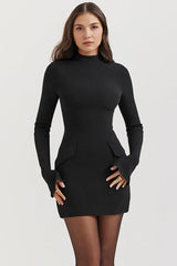 High-neck, long-sleeved mini dress