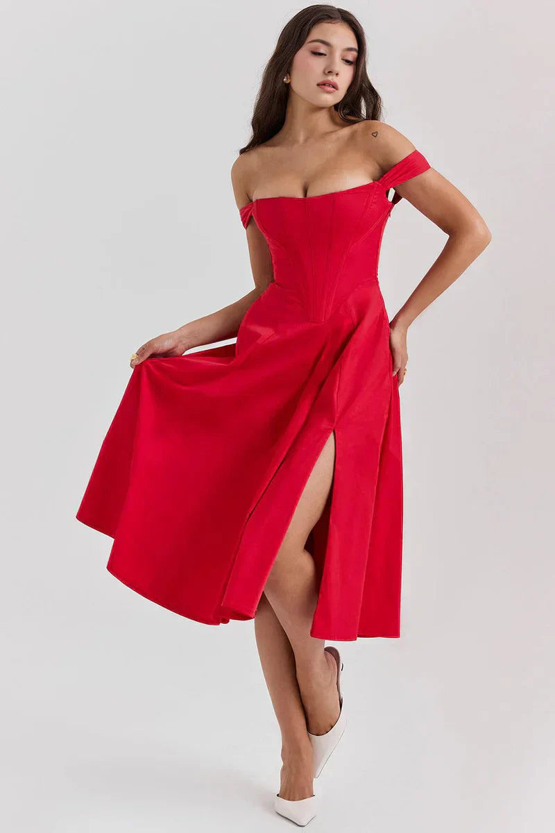 Off-the-shoulder corset midi dress