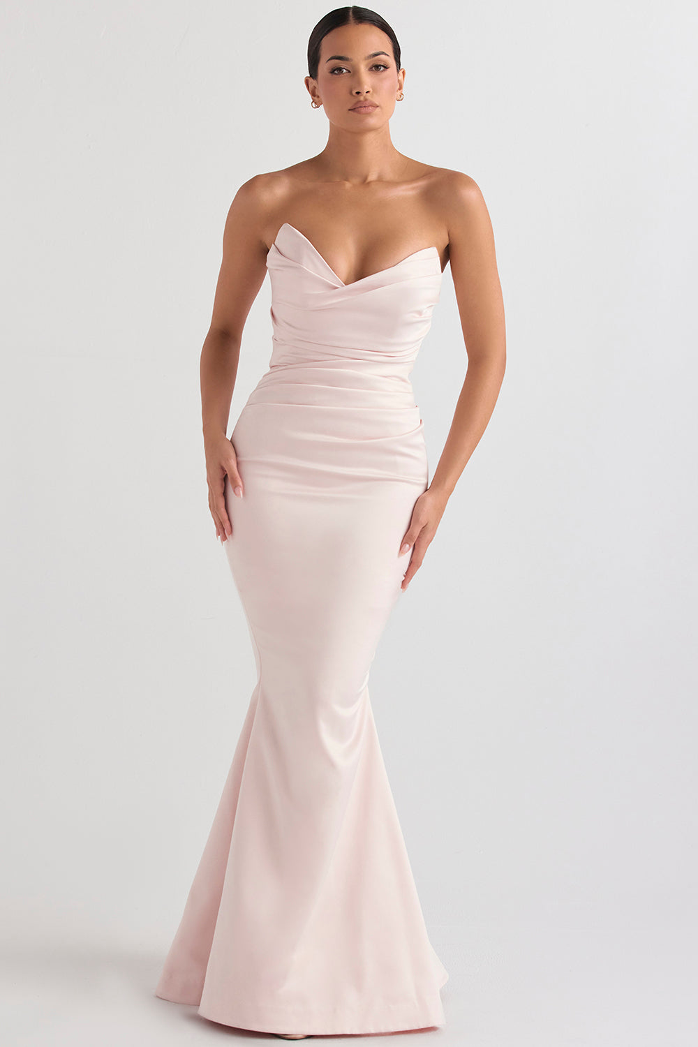 Strapless long evening dress with draped bodice