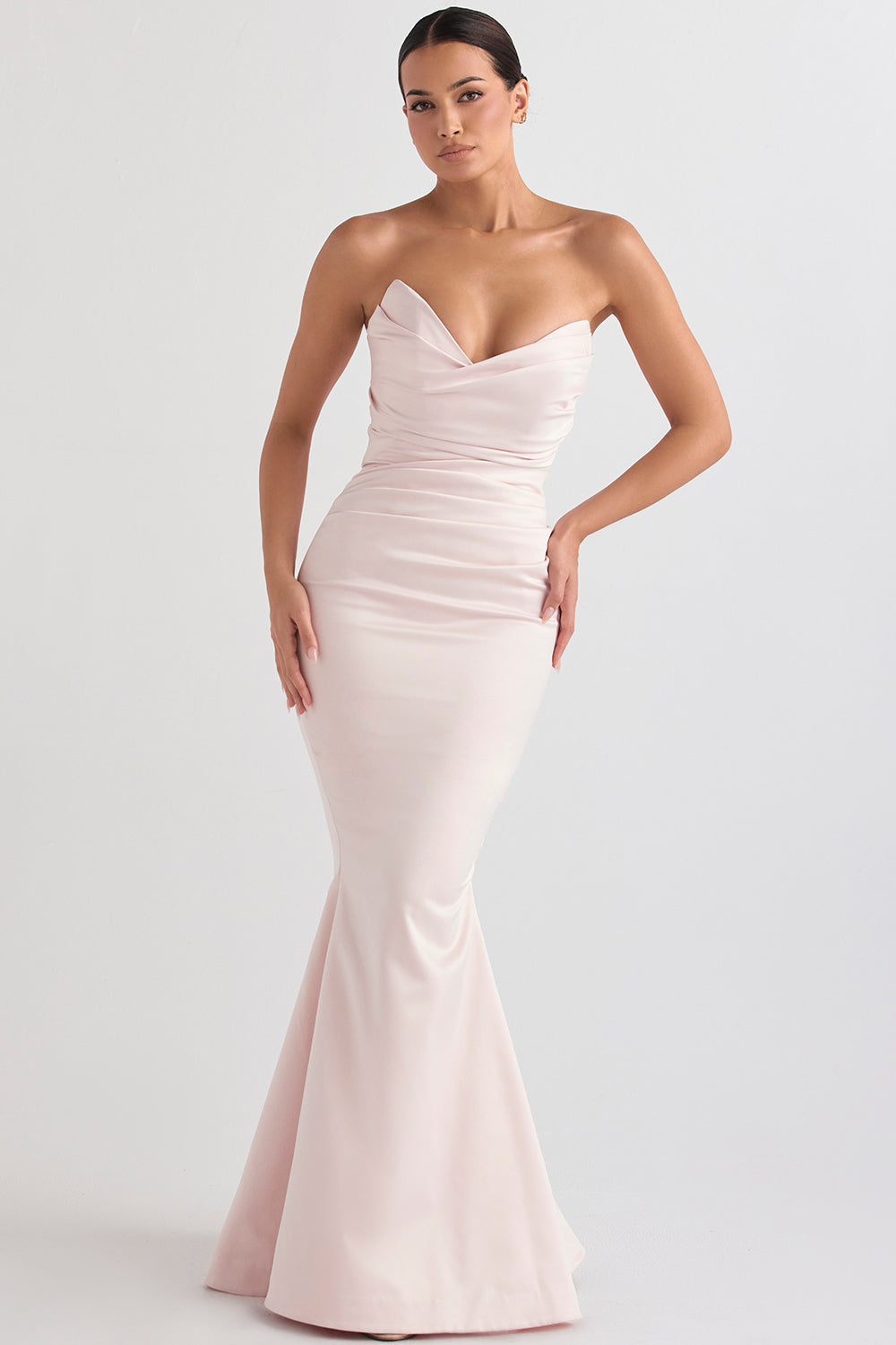 Strapless long evening dress with draped bodice