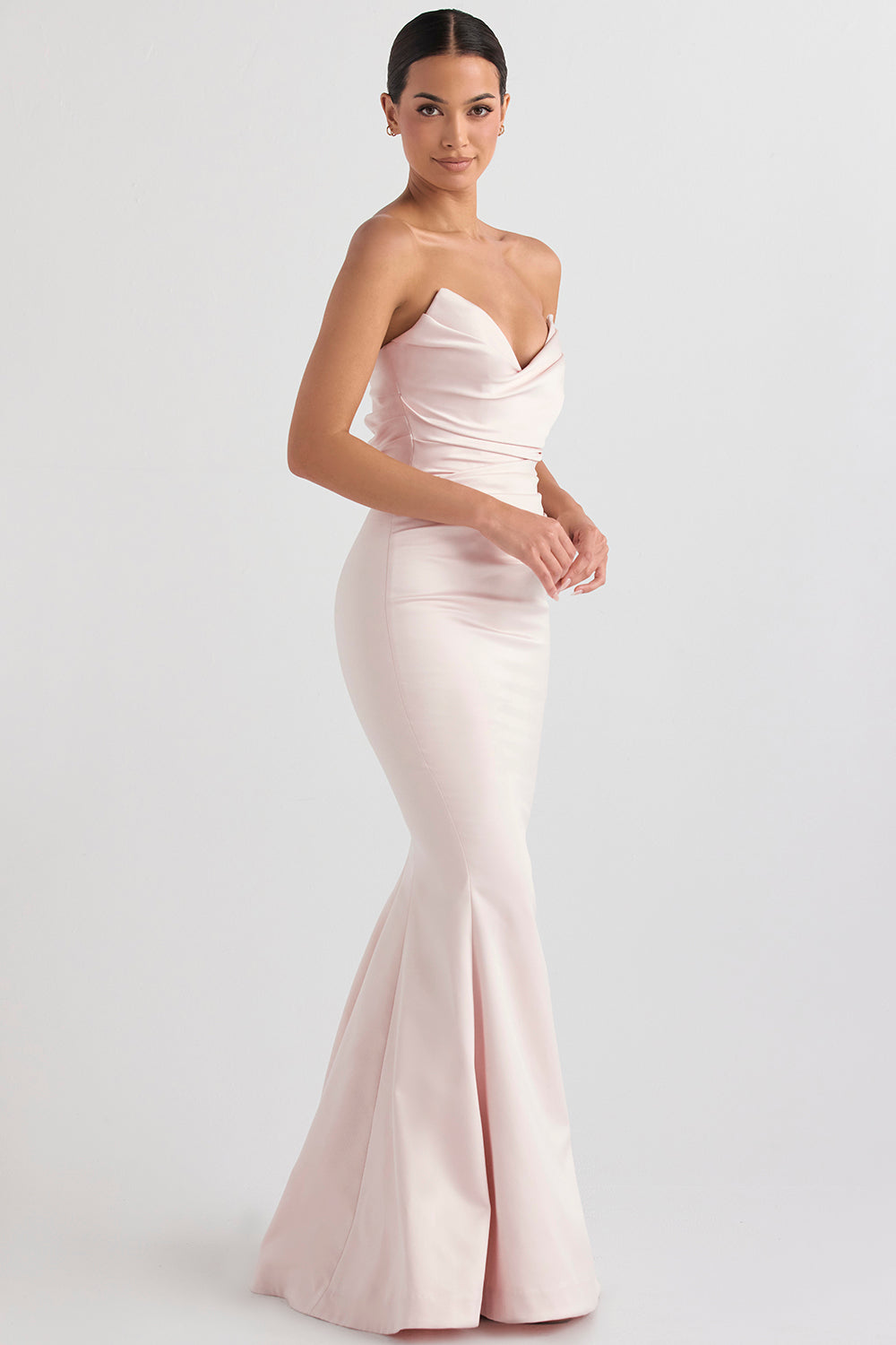 Strapless long evening dress with draped bodice