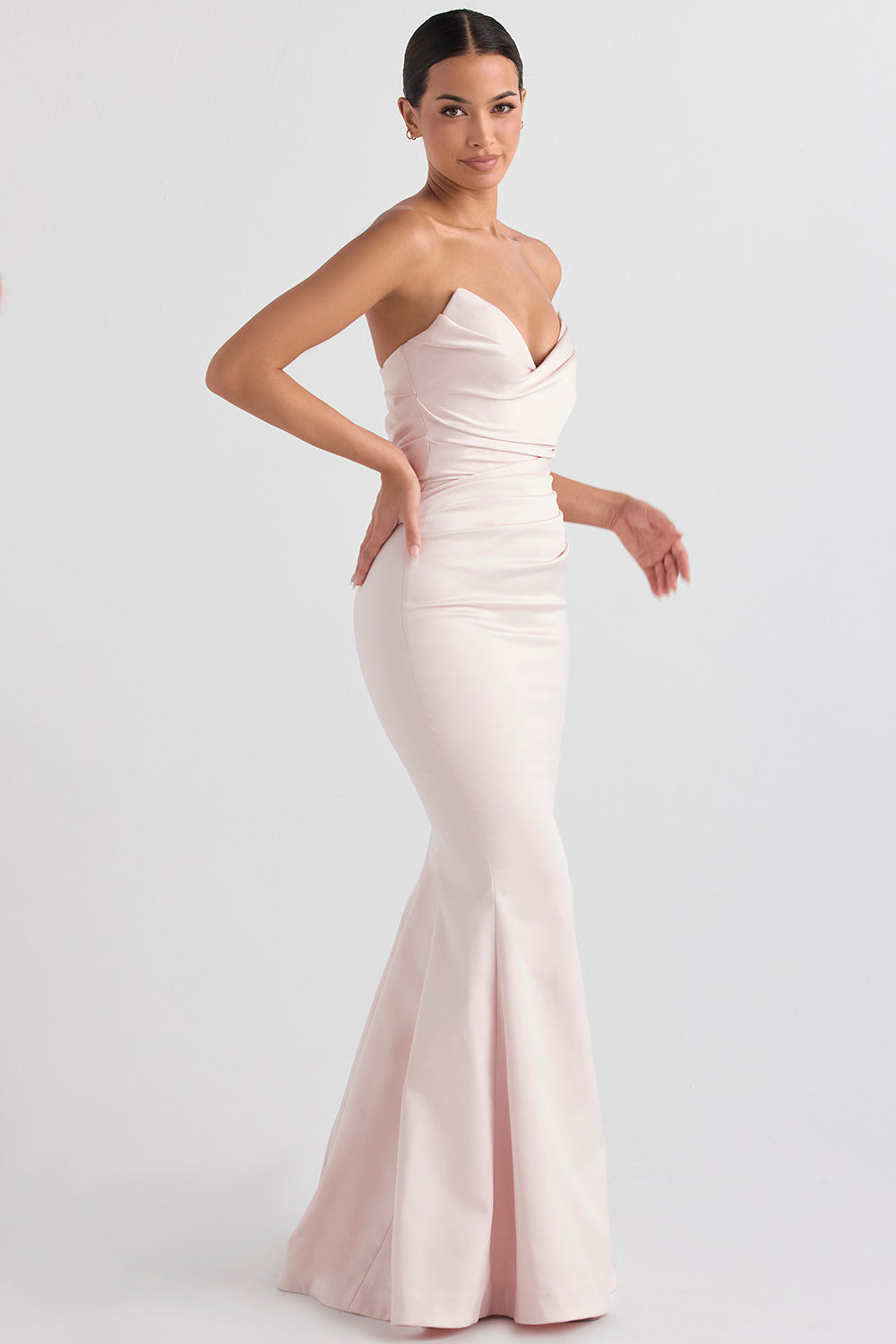 Strapless long evening dress with draped bodice