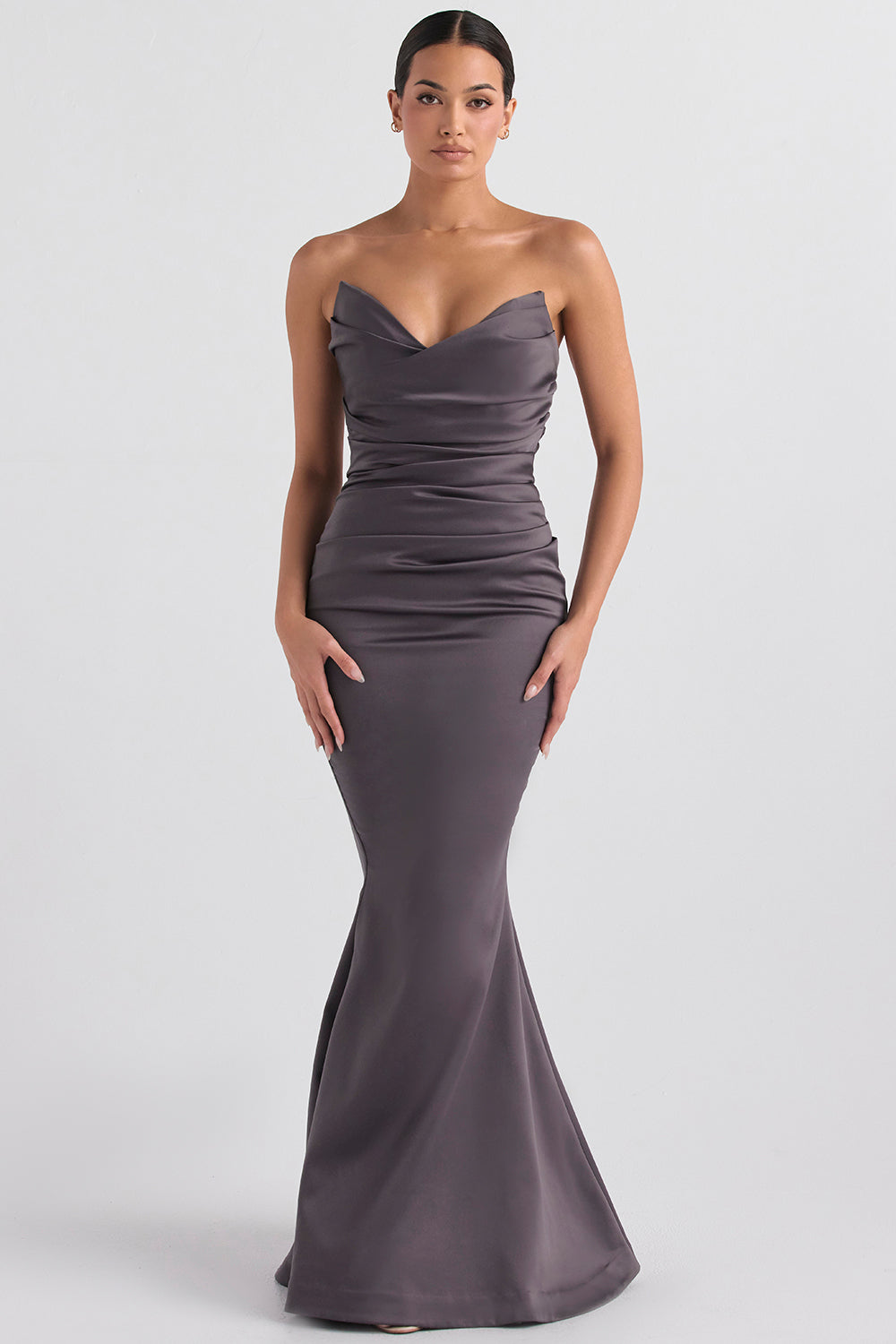 Strapless long evening dress with draped bodice