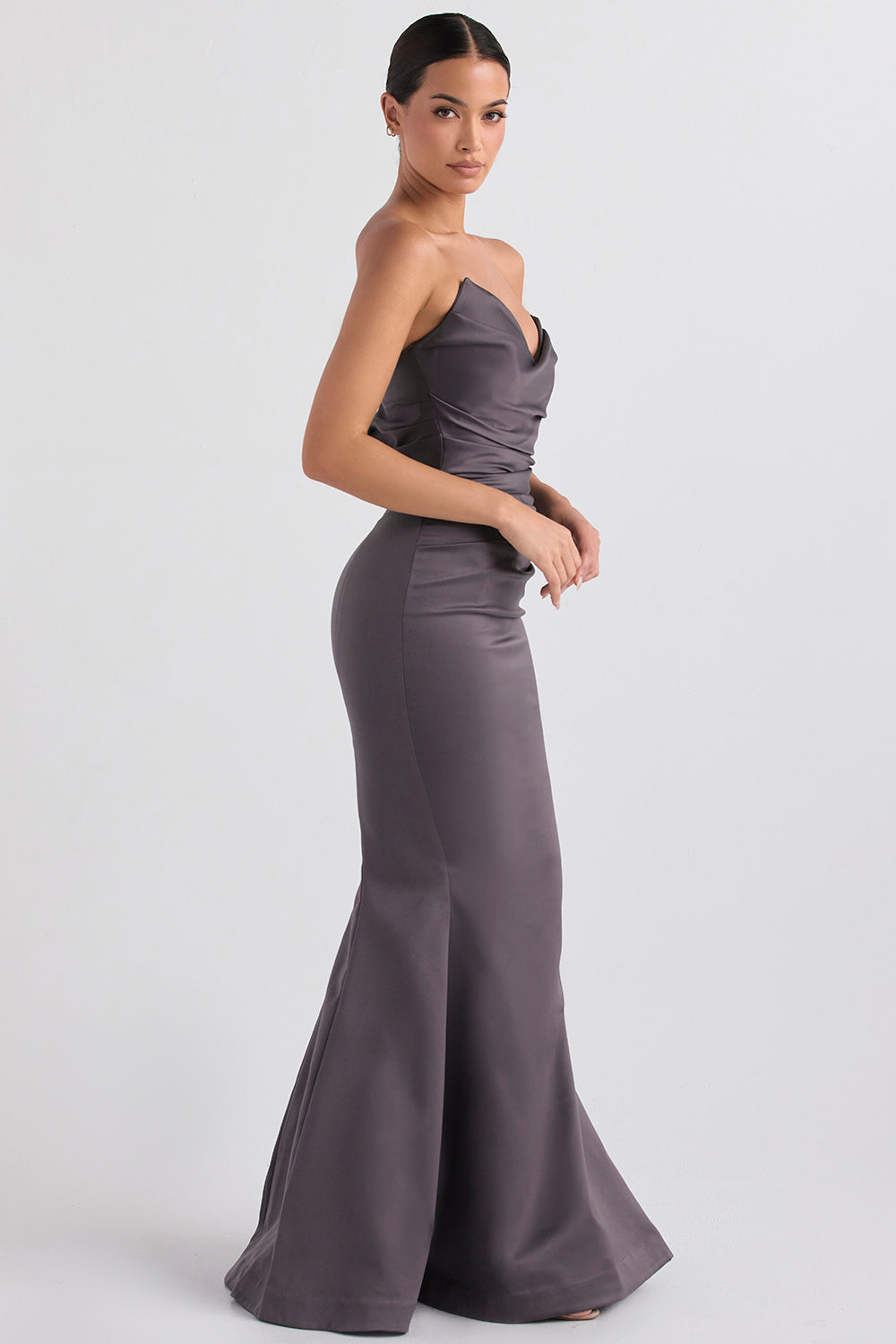 Strapless long evening dress with draped bodice