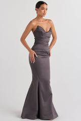 Strapless long evening dress with draped bodice