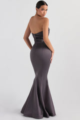 Strapless long evening dress with draped bodice